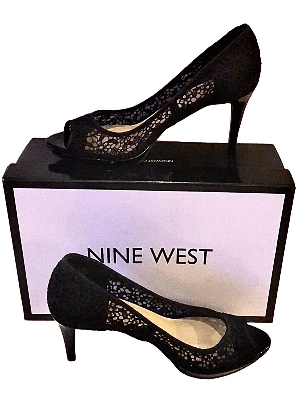 NIB ~ Nine West Black Lace Peep-Toe Heels